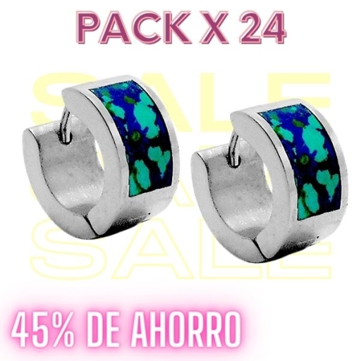 PACK de 24 Pares de Aros cubanos con piedra azul y turquesa de acero quirúrgico