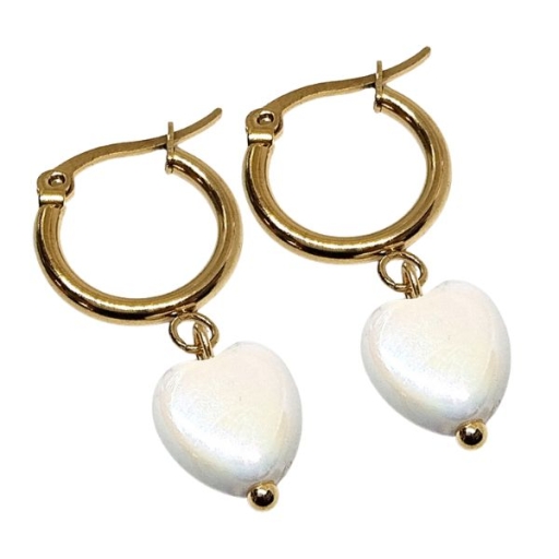 Aros argolla 15mm con dije Corazón Blanco de acero dorado