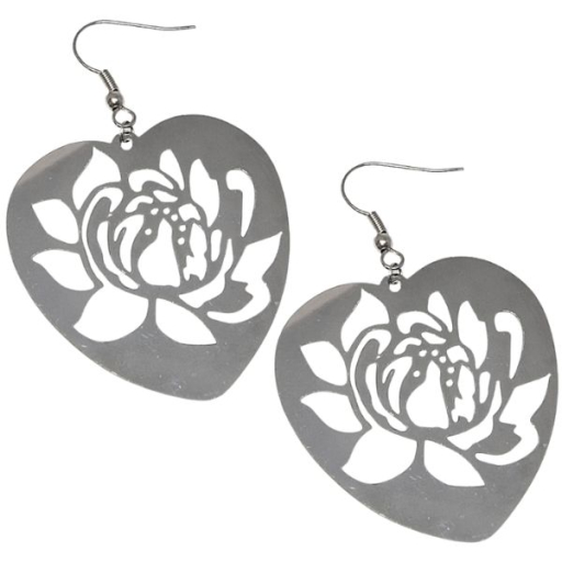 Aros Corazón con flor Calada Colgantes de Acero Quirúrgico Alt: 62mm incl. brizura
