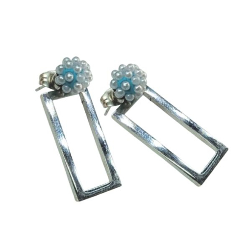 Aros Microperla Celeste con Rectangulo colgante de Acero Quirúrgico 