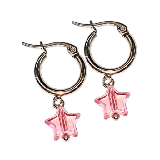Aros argolla 15mm con dije estrella Rosa transparente de acero quirúrgico