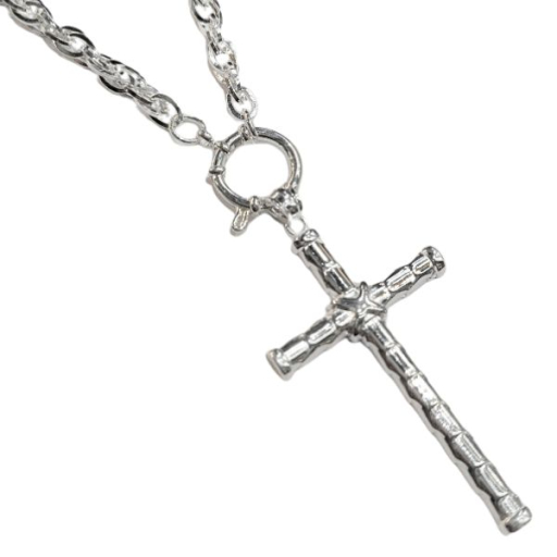 Conjunto Cadena Simil Turbillón 5mm x 50cm c/Cierre Marinero y dije Dije Cruz tramada Alt.: 65mm incl. drop de Acero Blanco