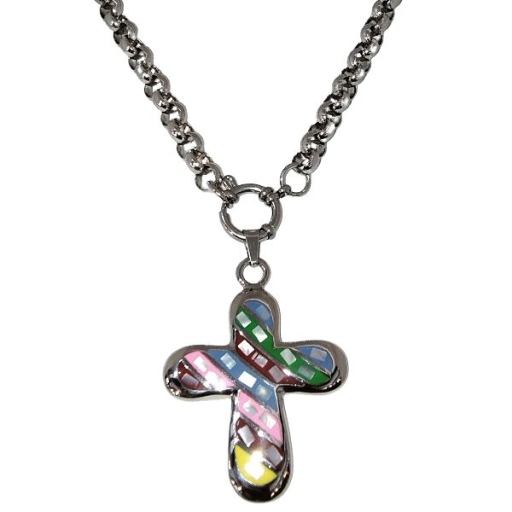 Conjunto Cadena rolo 7mm 50cm con cierre marinero y Dije cruz con esmalte y nácar Alt. 55mm incl argolla de acero quirúrgico