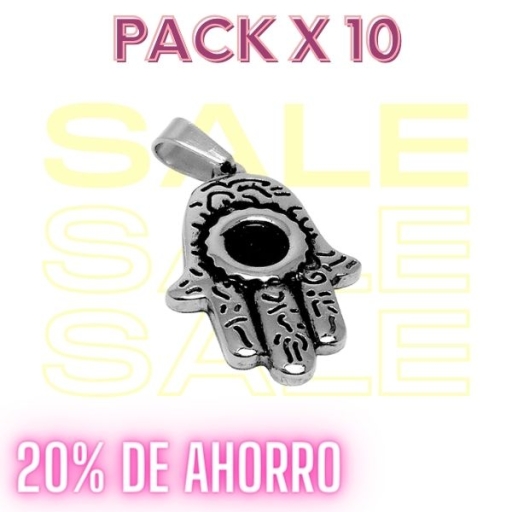 PACK de 10 Dijes Mano de Fátima esmaltada de acero quirúrgico Alt: 37mm incl. drop