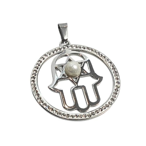 Dije mano de fátima calada con cubics y perla de acero quirúrgico