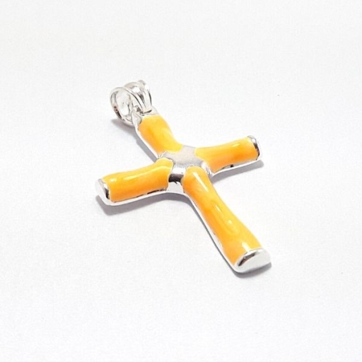 DIJE CRUZ ESMALTADA naranja EN ACERO BLANCO
