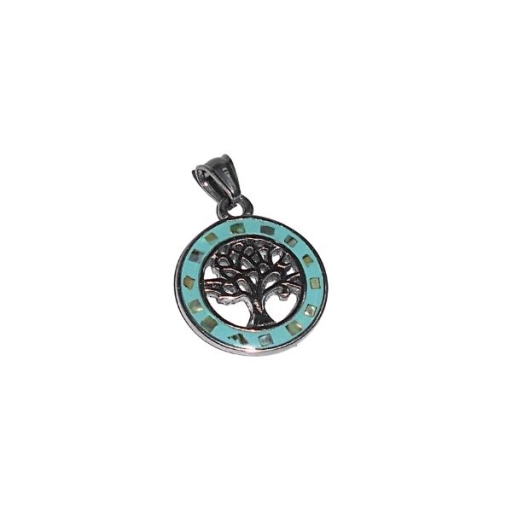 Dije árbol de la vida calado con guarda esmalte turquesa y nácar de acero quirúrgico Alt: 30mm incl. argolla