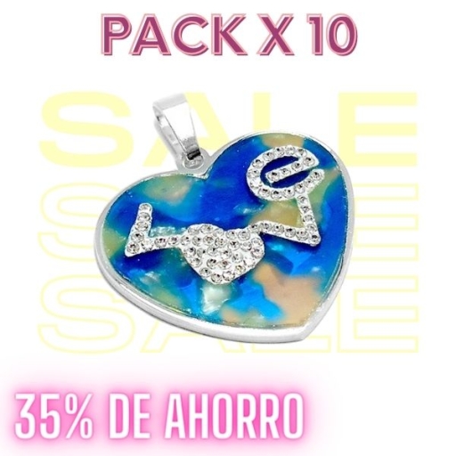 PACK de 10 Dijes corazón con nacar "LOVE" y cubics blancos de acero blanco Alt. 32mm incl. drop