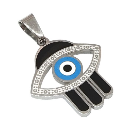 Dije Mano de Fátima y Ojo Turco Esmaltado de Acero Quirúrgico Alt: 31mm incl. drop