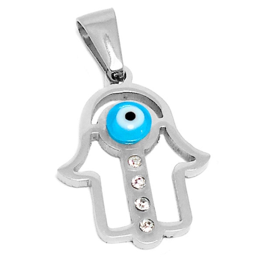 Dije mano de Fátima calada con ojo turco y cubics de acero quirúrgico