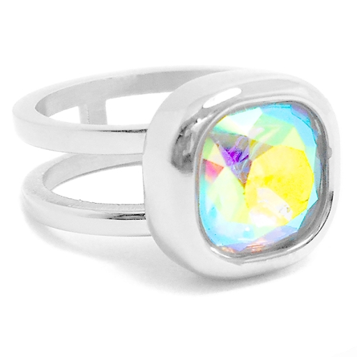 Anillo doble con piedra facetada tornasol de acero quirúrgico
