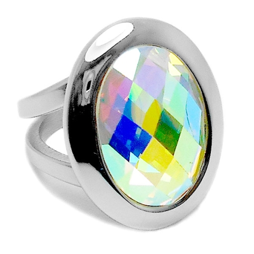 Anillo doble con piedra grande facetada tornasol de acero quirúrgico