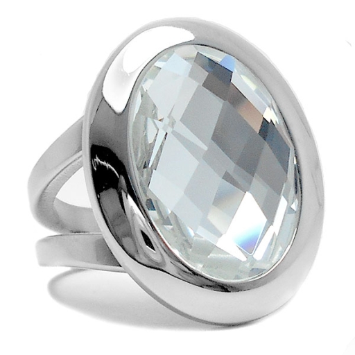 Anillo doble con piedra grande facetada blanca de acero quirúrgico