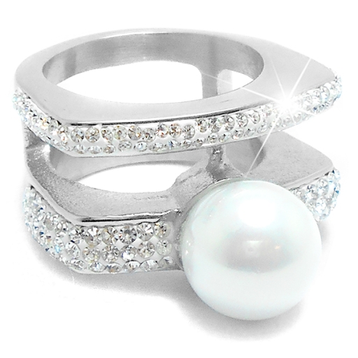 Anillo doble con cubics blancos y perla de acero quirúrgico