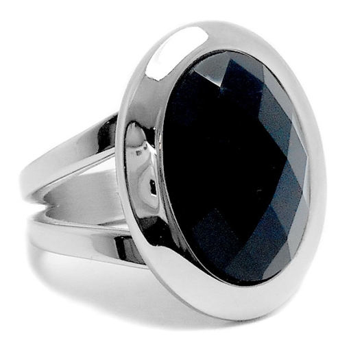 Anillo doble con piedra facetada grande negra de acero quirúrgico
