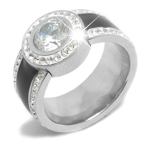 Anillo esmaltado negro con cubics blancos de acero quirúrgico