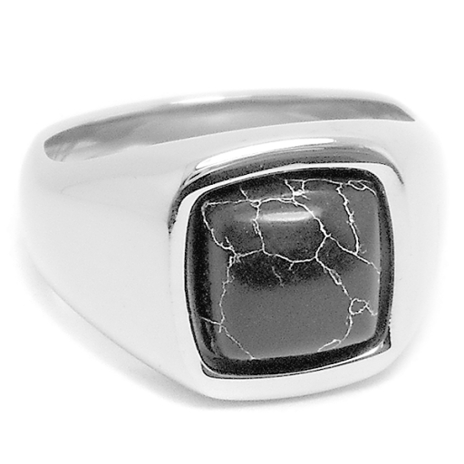 Anillo con piedra howlita negra cuadrada de acero quirúrgico