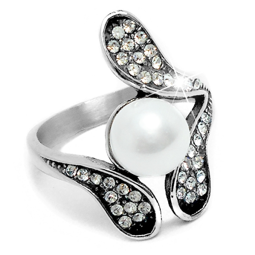 Anillo flor con cubics blancos y perla de acero quirúrgico