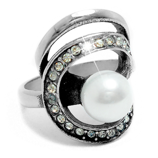 Anillo con cubics blancos y perla de acero quirúrgico