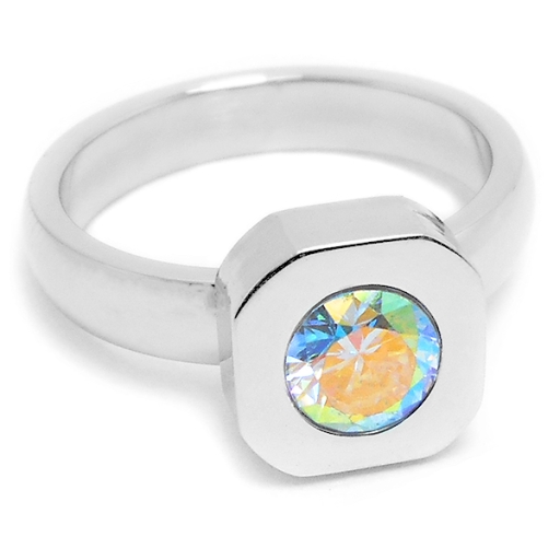 Anillo cuadrado con cristal facetado tornasol de acero quirúrgico