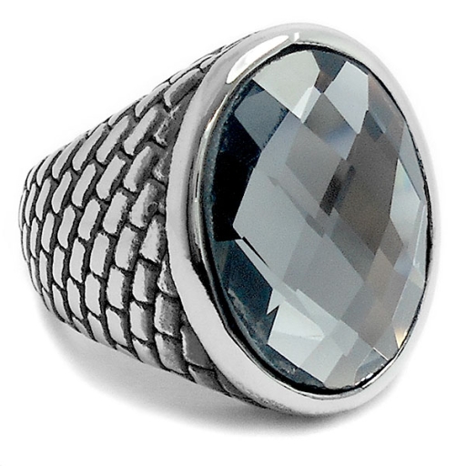 Anillo tramado con piedra facetada gris de acero quirúrgico