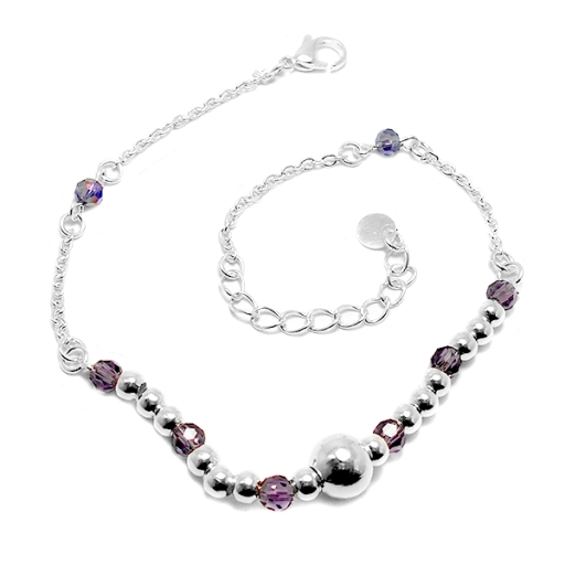 Pulsera/Tobillera bolitas y piedras violeta de acero blanco 24-28 cm