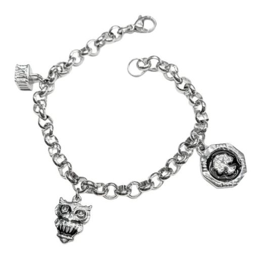Pulsera Rolo 6mm x 20cm c/ dijes numeros romanos, buho y arbol de Acero Quirúrgico