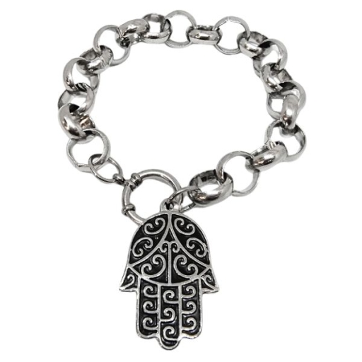 Pulsera rolo 12mm x 21cm con cierre marinero y Dije Mano de Fatima con esmalte negro Alt: 35mm de acero quirúrgico