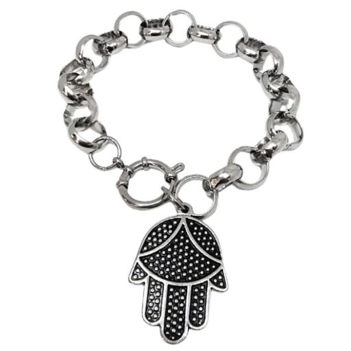 Pulsera rolo 12mm x 21cm con cierre marinero y Dije Mano de Fatima con esmalte negro Alt: 35mm de acero quirúrgico