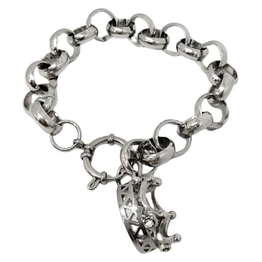 Pulsera rolo 12mm x 21cm con cierre marinero y Dije Corona con cubics Alt: 23mm de acero quirúrgico