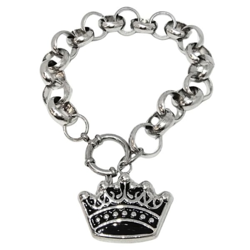 Pulsera rolo 12mm x 21cm con cierre marinero y Dije Corona inflada con esmalte negro Alt: 25mm de acero quirúrgico