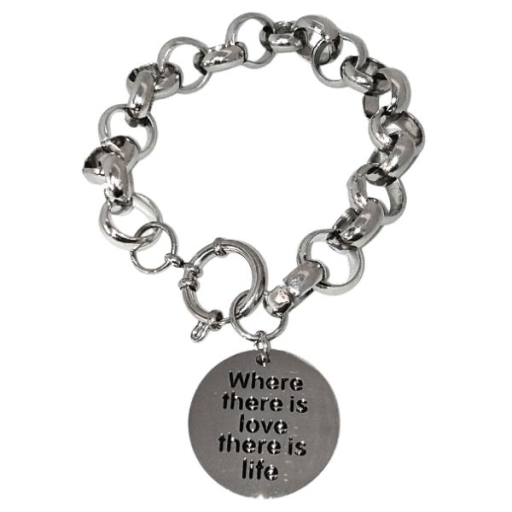 Pulsera rolo 12mm x 21cm con cierre marinero y Dije frase "Where there is love, there is life" Alt. 25mm de acero quirúrgico