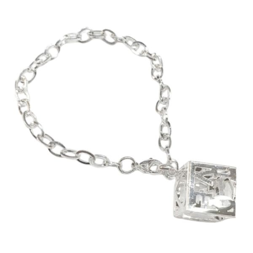 Pulsera espejito eslabón chato 5mm x 20cm c/dije cubo LOVE de Acero Blanco