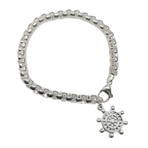 Pulsera Rolo Cuadrada 5mm x 20cm c/dije Timón de Acero Blanco