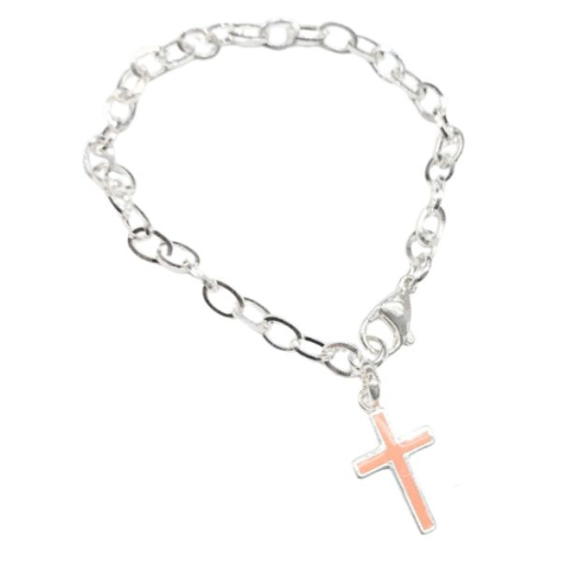 Pulsera espejito eslabón chato 5mm x 20cm c/dije Cruz Esmalte Naranja de Acero Blanco