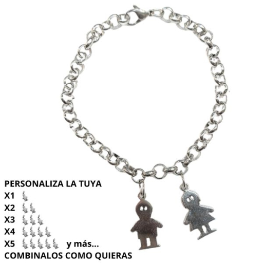 Pulsera Rolo 6mm x 20cm con Dijes Nenes y/o Nenas Grandes Personalizable de Acero Quirúrgico