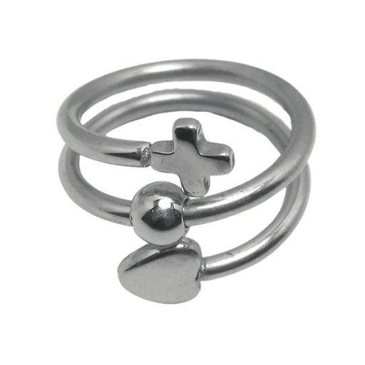 Anillo espiral con cruz, bolita y corazón de acero quirúrgico -OFERTA-