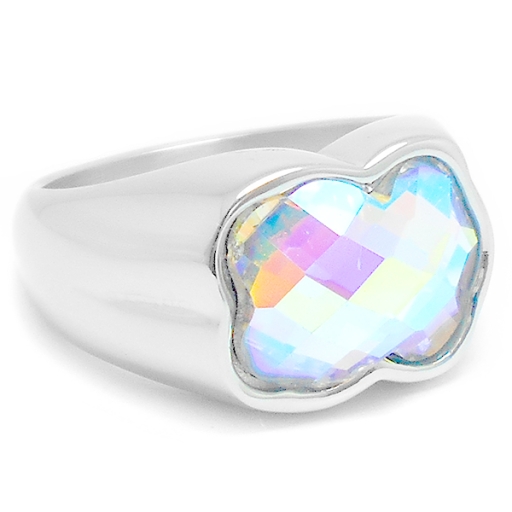 Anillo con piedra facetada tornasol de acero quirúrgico