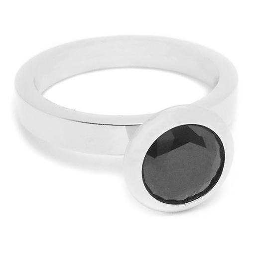 Anillo con piedra facetada negra de acero quirúrgico