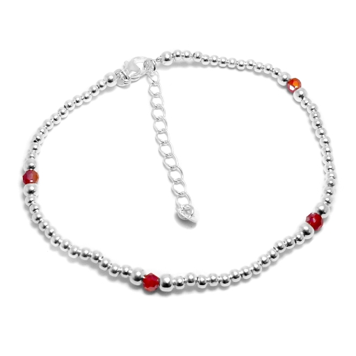 Pulsera/Tobillera bolitas y piedras rojas de acero blanco 23-27cm