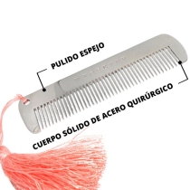 Peine macizo de Acero quirúrgico Calidad Premium acabado espejo 10cm con Pompón de hilo color salmón especial barberia peluqueria peinar 