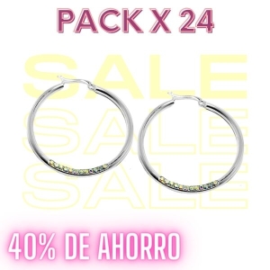 PACK de 24 pares de Aros argolla tubo con cubics tornasol 30mm de acero blanco