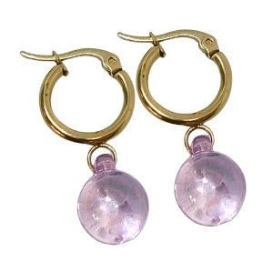 Aros argolla 15mm con dije Bolita Lila de acero dorado
