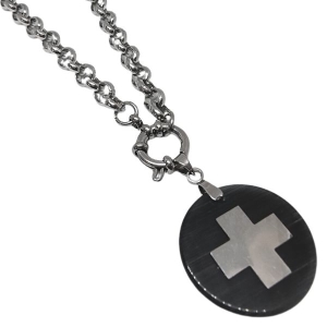 CONJUNTO Cadena rolo 6mm 45cm c/marinero y Dije de Resina Negro Con Cruz del Equilibrio Alt: 36mm incl. drop de acero quirúrgico