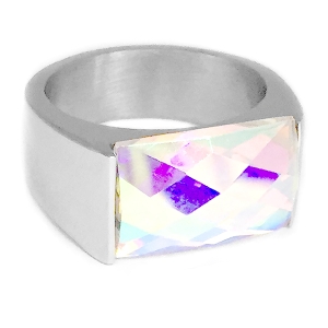 Anillo con cristal facetado rectangular tornasol de acero quirúrgico