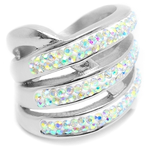 Anillo triple con linea entrelazada y cubics tornasol de acero quirúrgico