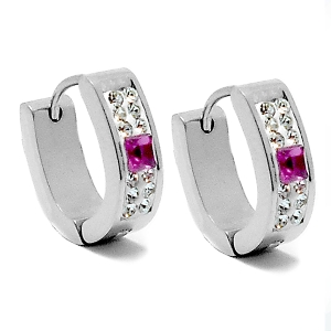 Aros cubanos ovalados con cubics blancos y rosado de acero quirúrgico