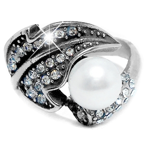 Anillo hoja con cubics blancos y perla de acero quirúrgico