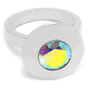 Anillo circular con piedra facetada tornasol de acero quirúrgico