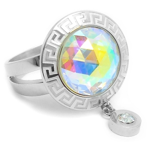 Anillo cristal facetado tornasol con guarda y cubic colgante de acero quirúrgico